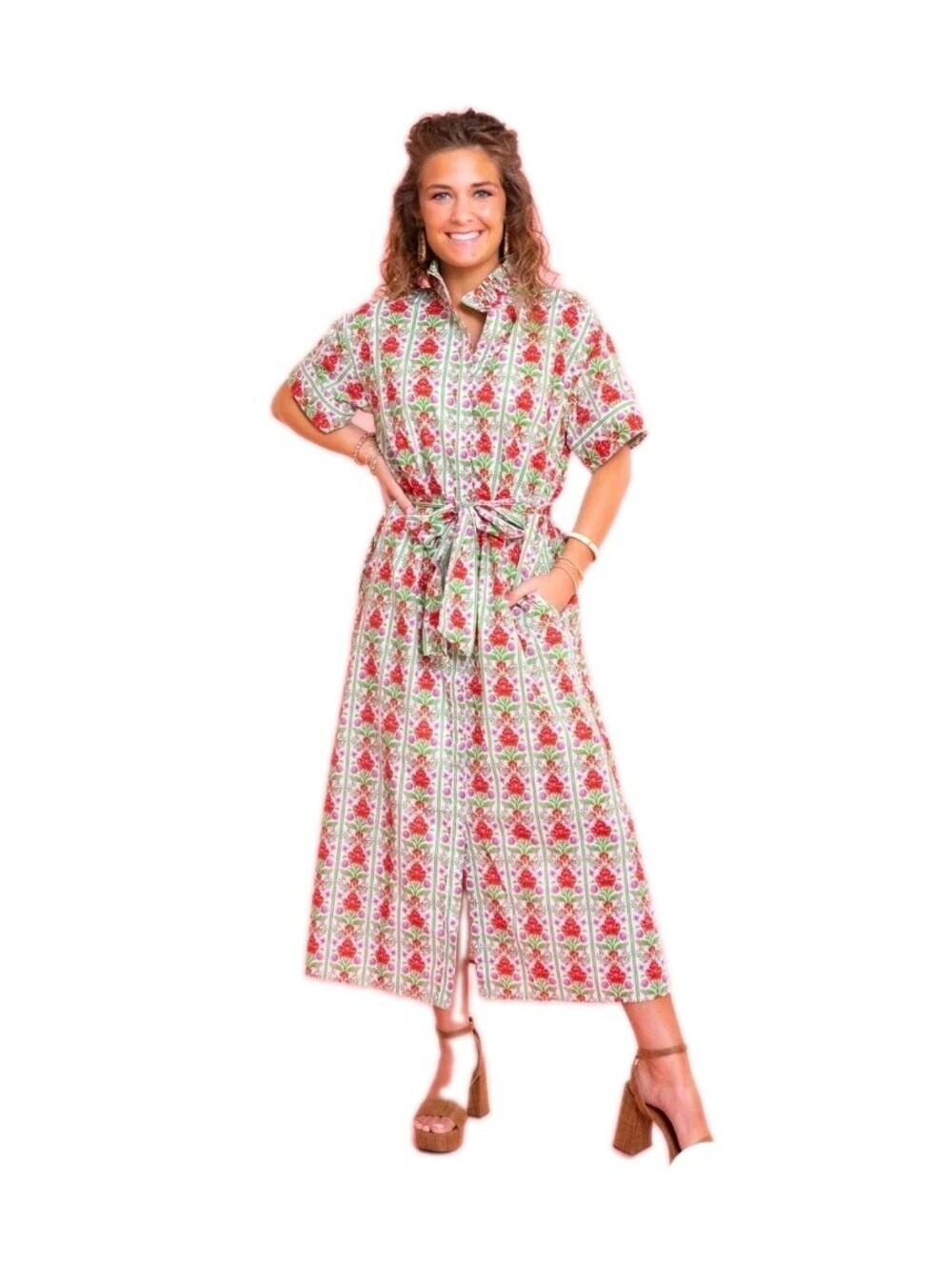 Mod’s Mahal Women’s Midi Shirt Dress English Garden Size XS Pink Green Floral